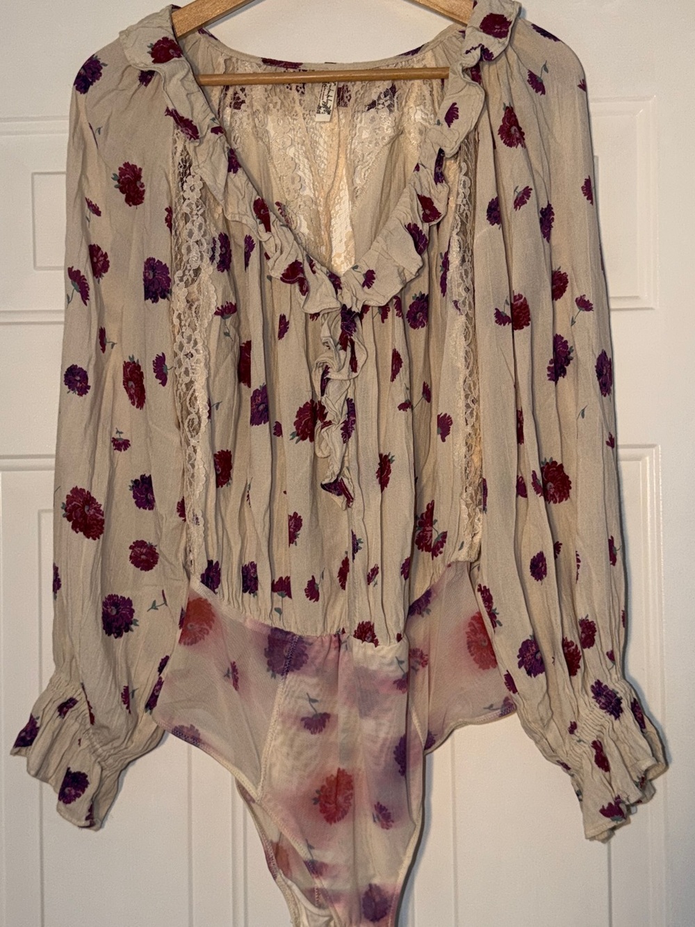 Free People Poppy Printed Bodysuit, a long-sleeve floral top w/lace detail. SP